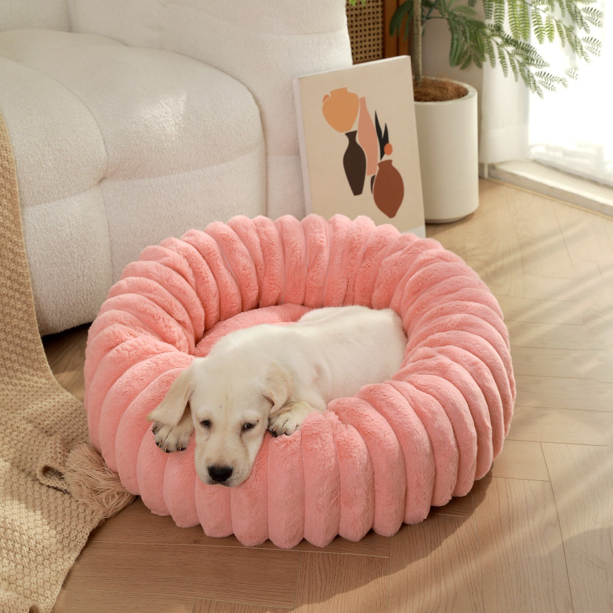 Round Long-Haired Plush Pet Bed