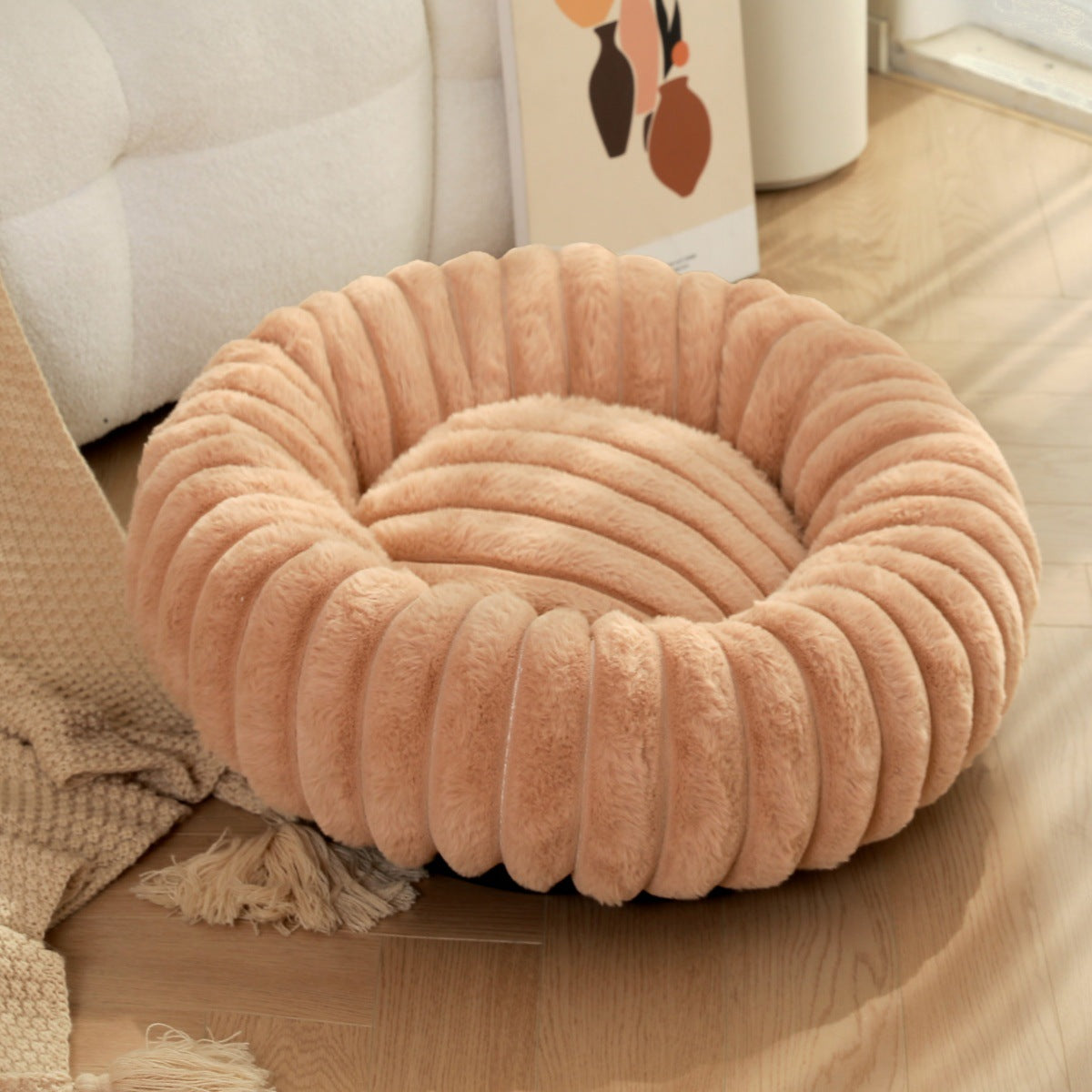 Round Long-Haired Plush Pet Bed