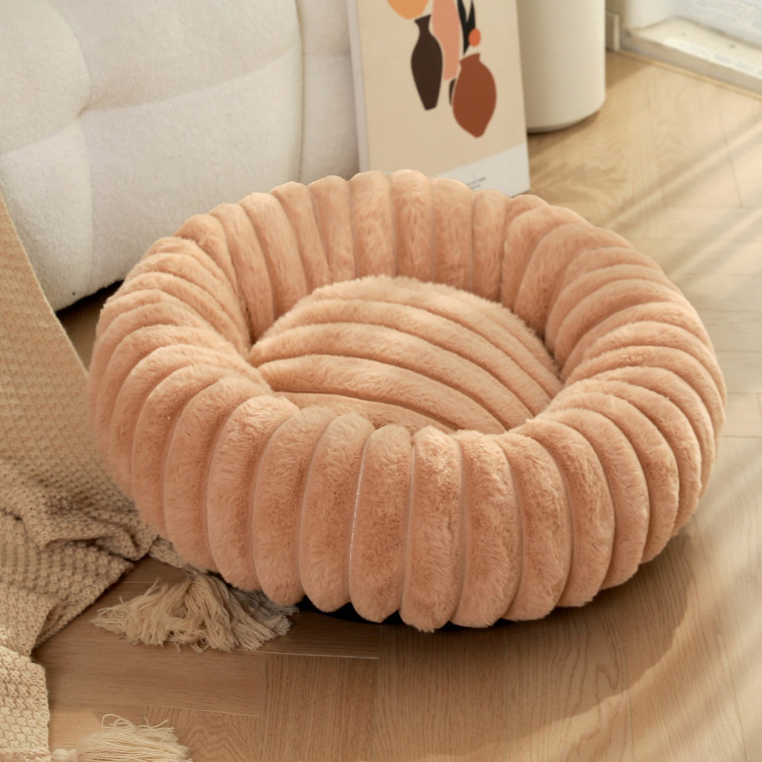 Round Long-Haired Plush Pet Bed