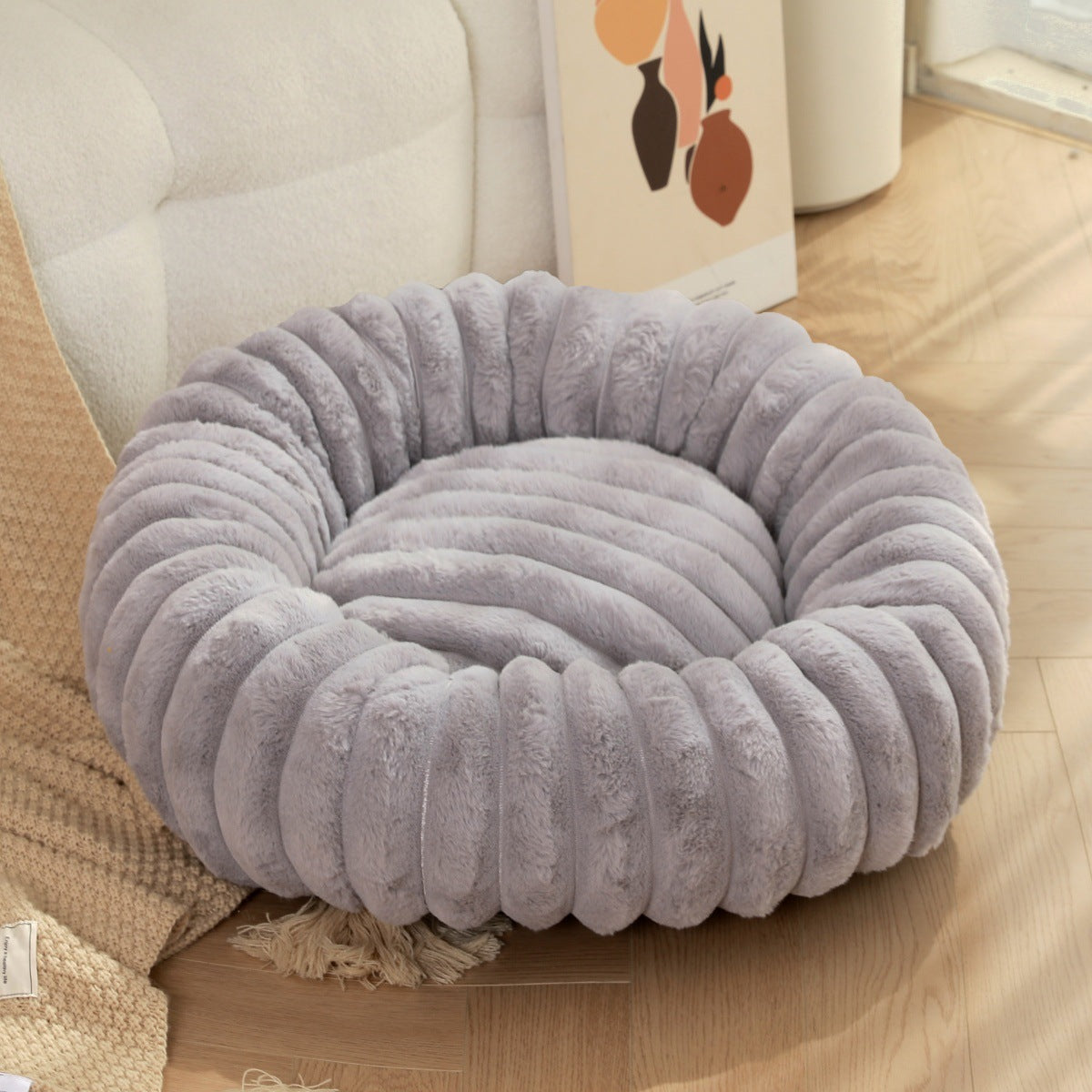 Round Long-Haired Plush Pet Bed