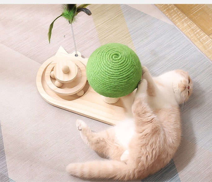 3-in-1 Cat Toy: Scratch Post, Ball Track & Feather