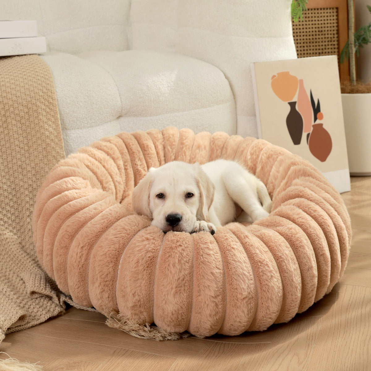 Round Long-Haired Plush Pet Bed