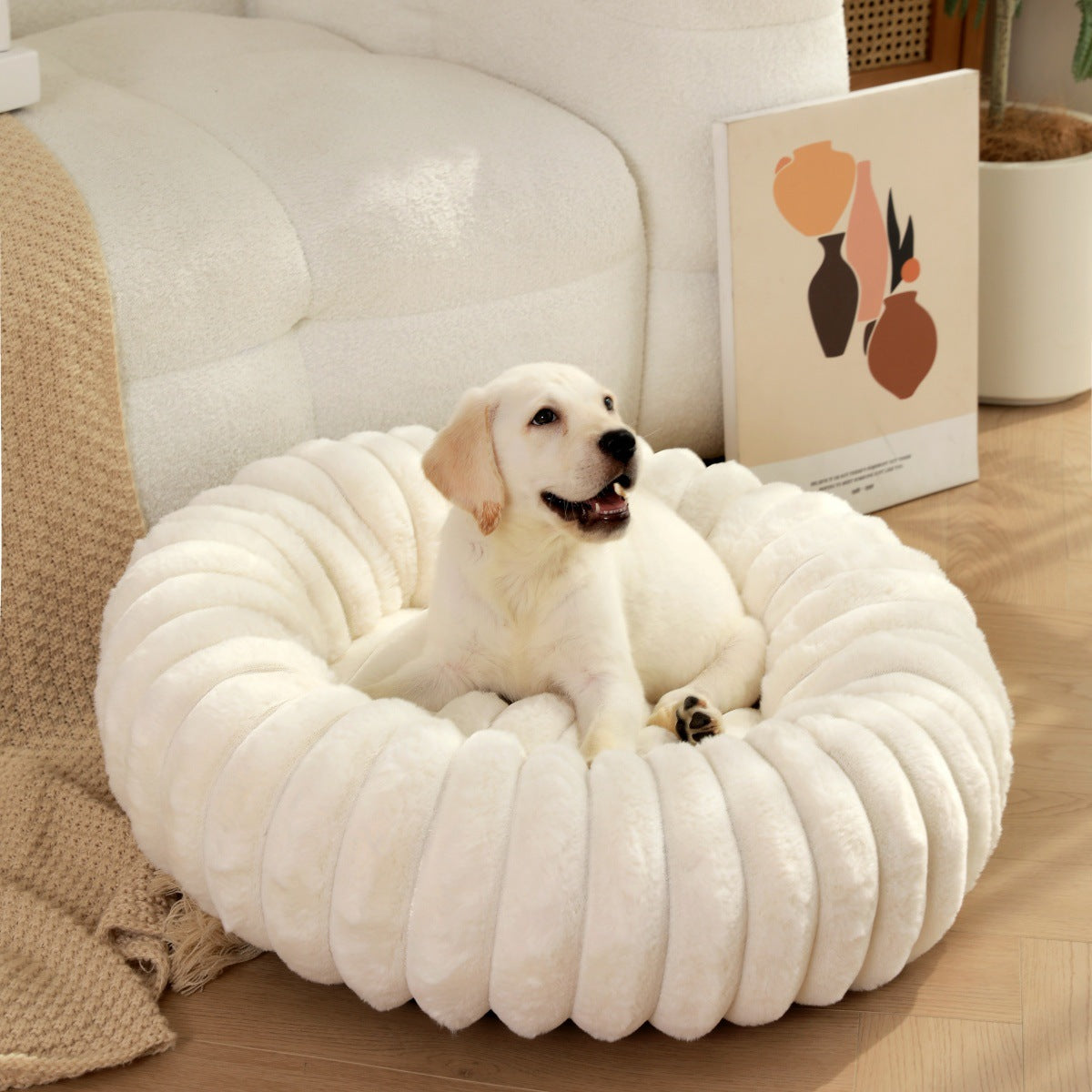 Round Long-Haired Plush Pet Bed